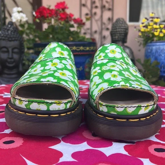 🏴󠁧󠁢󠁥󠁮󠁧󠁿 Dr. Martens MIE Vintage 90’s Green Daisy Floral Platform Slides UK 8 - Picture 11 of 16